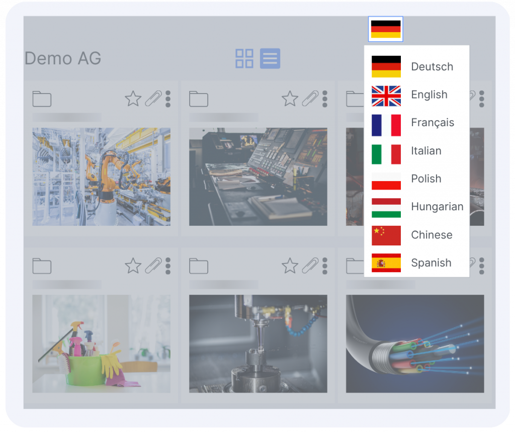 Leanbyte mehrsprachige Benutzeroberfläche mit Sprachauswahl für internationale Teams, unterstützt viele Sprachen wie Deutsch, Englisch, Französisch, Italienisch, Polnisch, Ungarisch, Chinesisch, Spanisch und weitere.