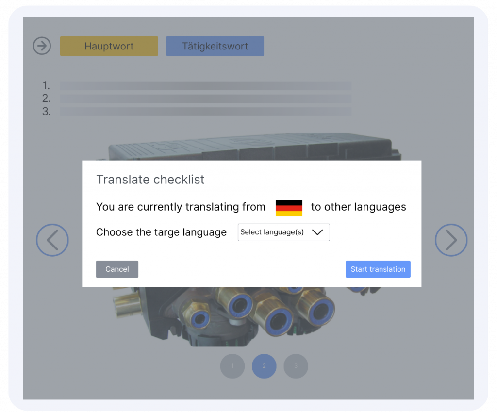 Arbeitsanweisungs-Software mit Übersetzungsfunktion zur Checklisten-Übersetzung von Deutsch in mehrere Zielsprachen.