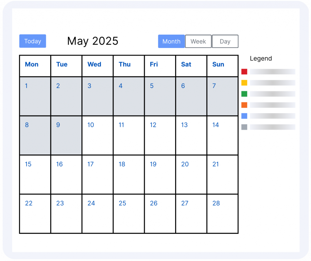 Calendar view of production planning tool showing scheduled tasks and highlights
