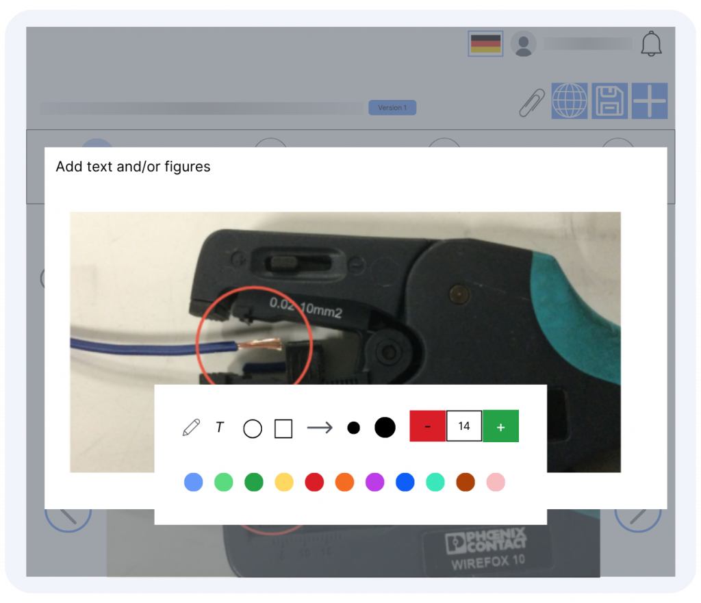Work instructions software annotation tool showing image editing with shapes, text, and colors for clear visual guidance.