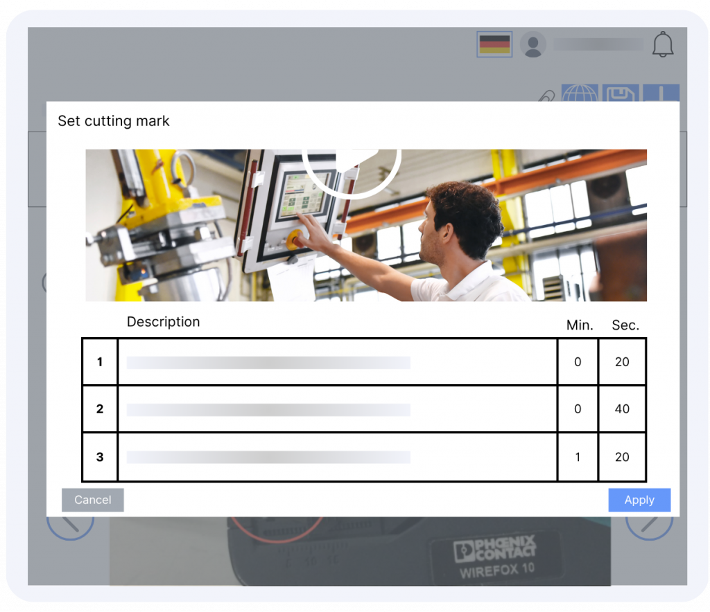 Work instructions software video editor showing cut marks with step descriptions and timestamps for precise guidance.