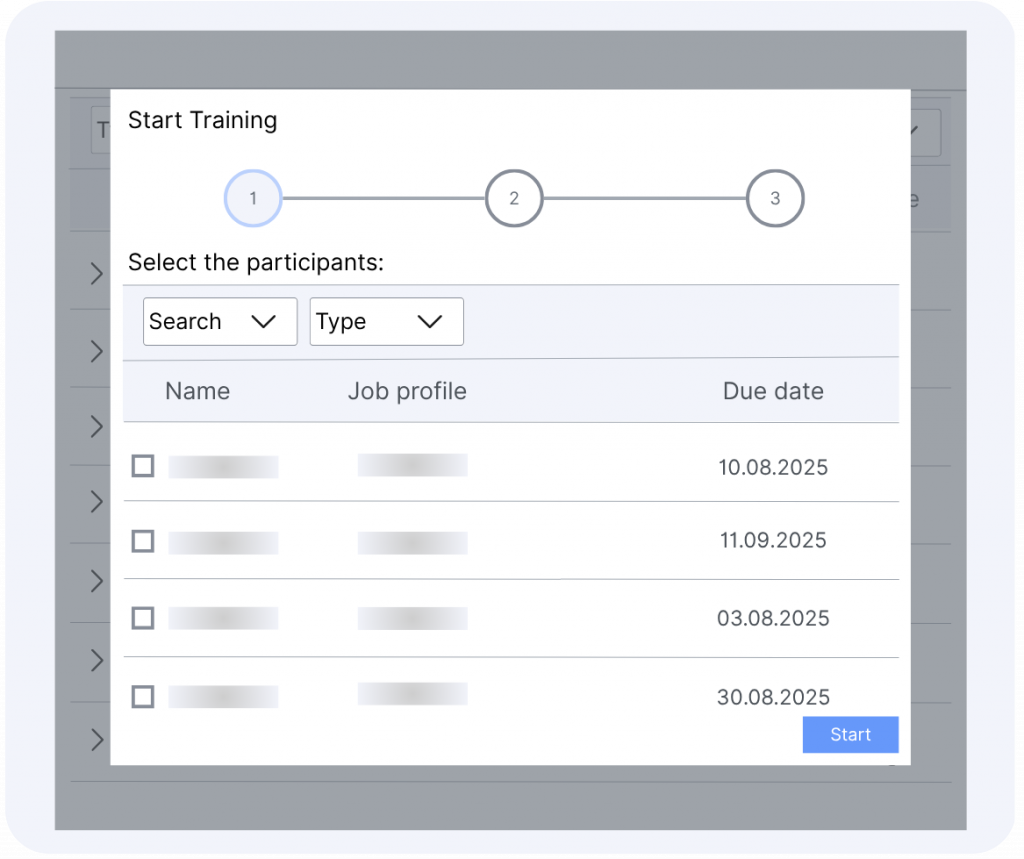 Leanbyte training setup screen showing participant selection, job profiles, and due dates for employee qualification.