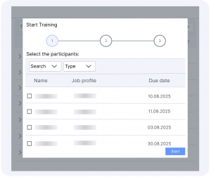 Leanbyte Trainingsoberfläche mit Teilnehmerauswahl, Jobprofilen und Fälligkeitsdaten zur Mitarbeiterqualifizierung.