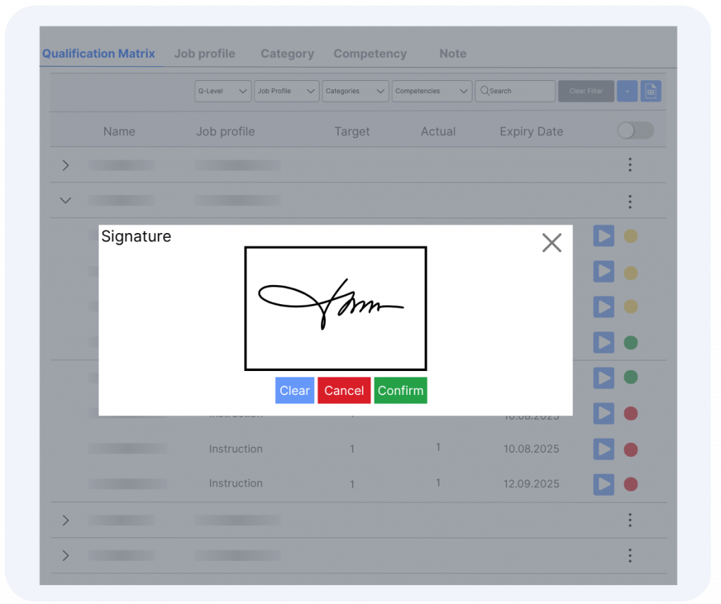 Leanbyte Plattform Qualifikationsmatrix mit integrierter digitaler Signaturfunktion zur Bestätigung von Schulungen und Anweisungen.