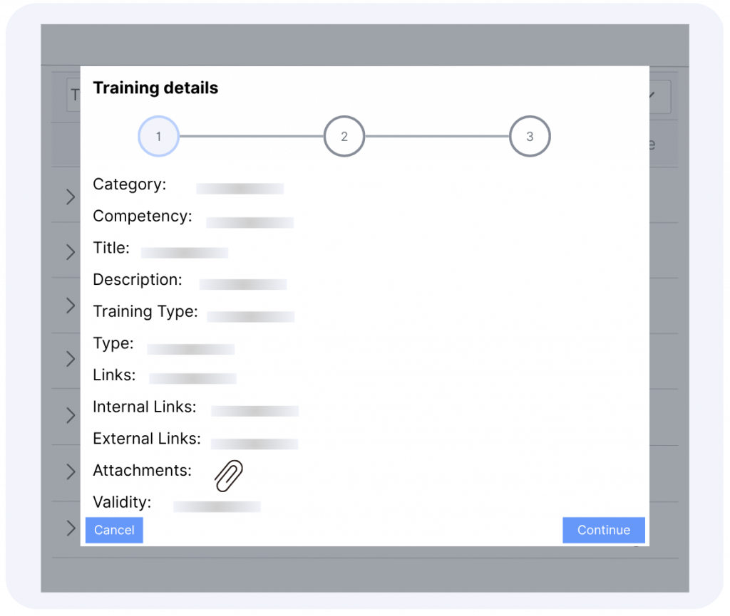 Leanbyte Trainingsdetails-Oberfläche mit anpassbaren Einstellungen für Kategorien, Kompetenzen, Trainingstypen und nutzerspezifische Zwecke.
