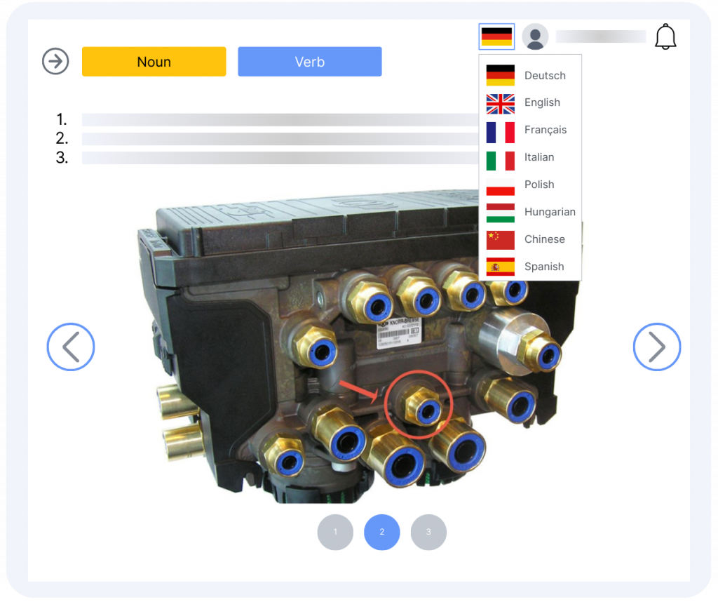 Work instructions software interface with multilingual support, annotated machine component image, and noun-verb structured steps.