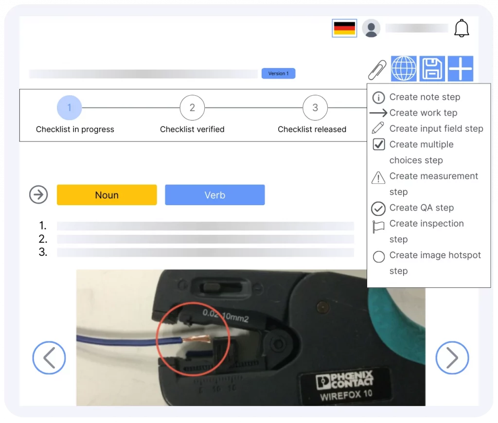 Standardized work instructions software interface showing step creation, checklist progress, and annotated images for easy editing.