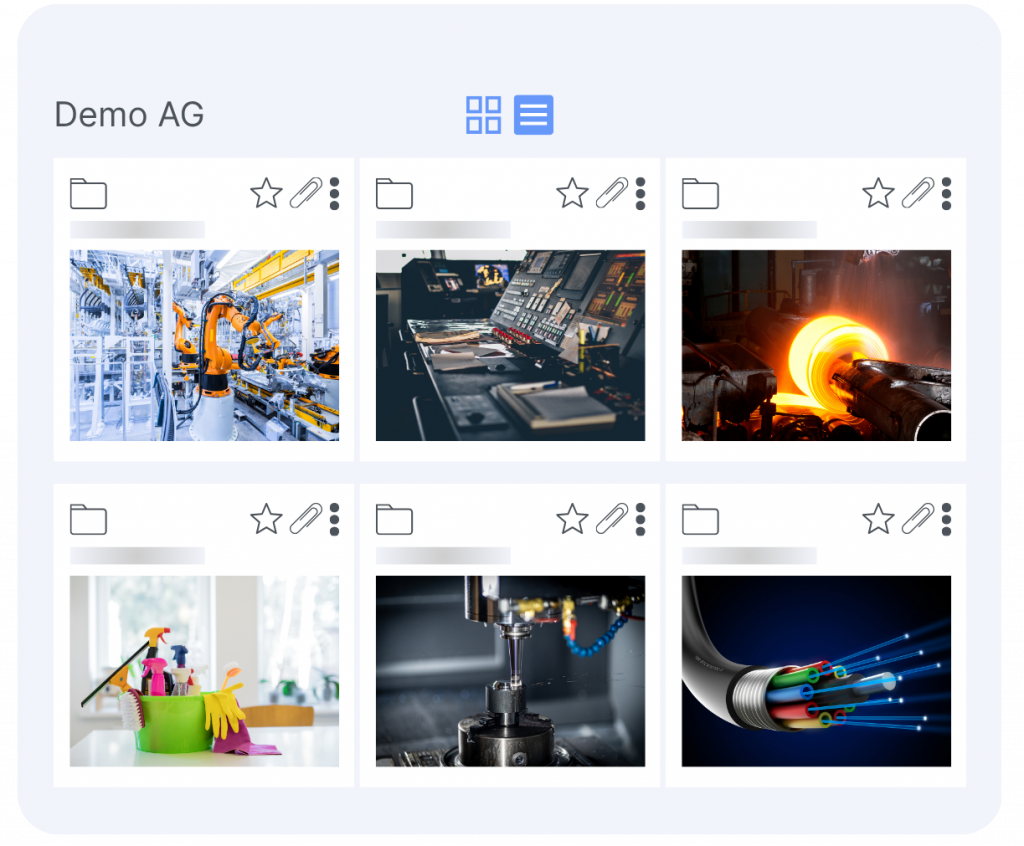Wissensmanagement-Softwareoberfläche mit kategorisierten Ordnern und Bildern zu Robotik, Maschinen, Metallbearbeitung, Reinigung, CNC und Glasfaser.