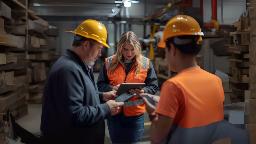 Workers in safety helmets using tablets for digital training and knowledge transfer with Leanbyte AI Test Generator.