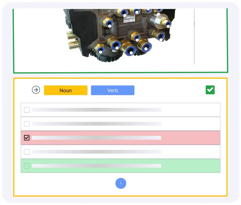 E-learning feature in work instructions software showing interactive multiple-choice question with noun-verb structure and feedback colors.