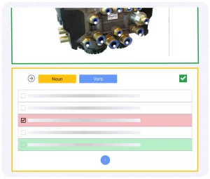 E-learning feature in work instructions software showing interactive multiple-choice question with noun-verb structure and feedback colors.