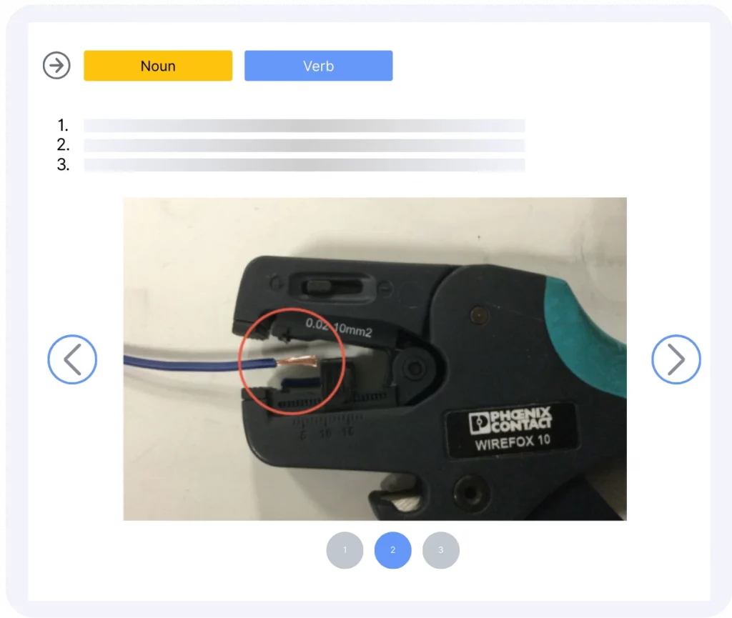 Softwareoberfläche für digitale Arbeitsanweisungen mit annotiertem Bild, Schritteliste und Haupt- und Tätigkeitswort-Struktur.